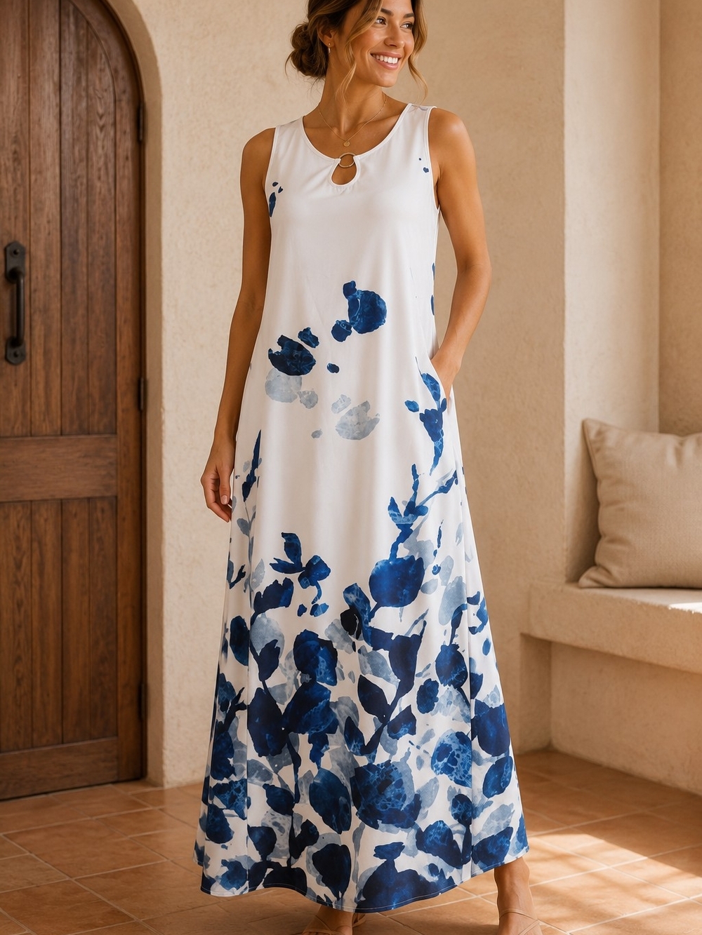 Boutique NWOT Sleeveless White Maxi Dress with Blue Floral Print Sz M